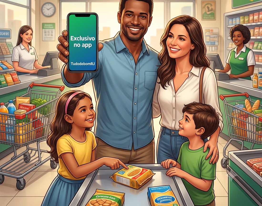 Família num mercado de bairro: o pai mostra no celular uma oferta exclusiva do app.